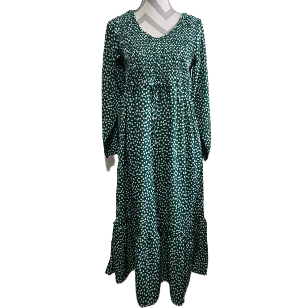 Cottagecore Floral Maxi Dress Long Sleeve Green White Size Large